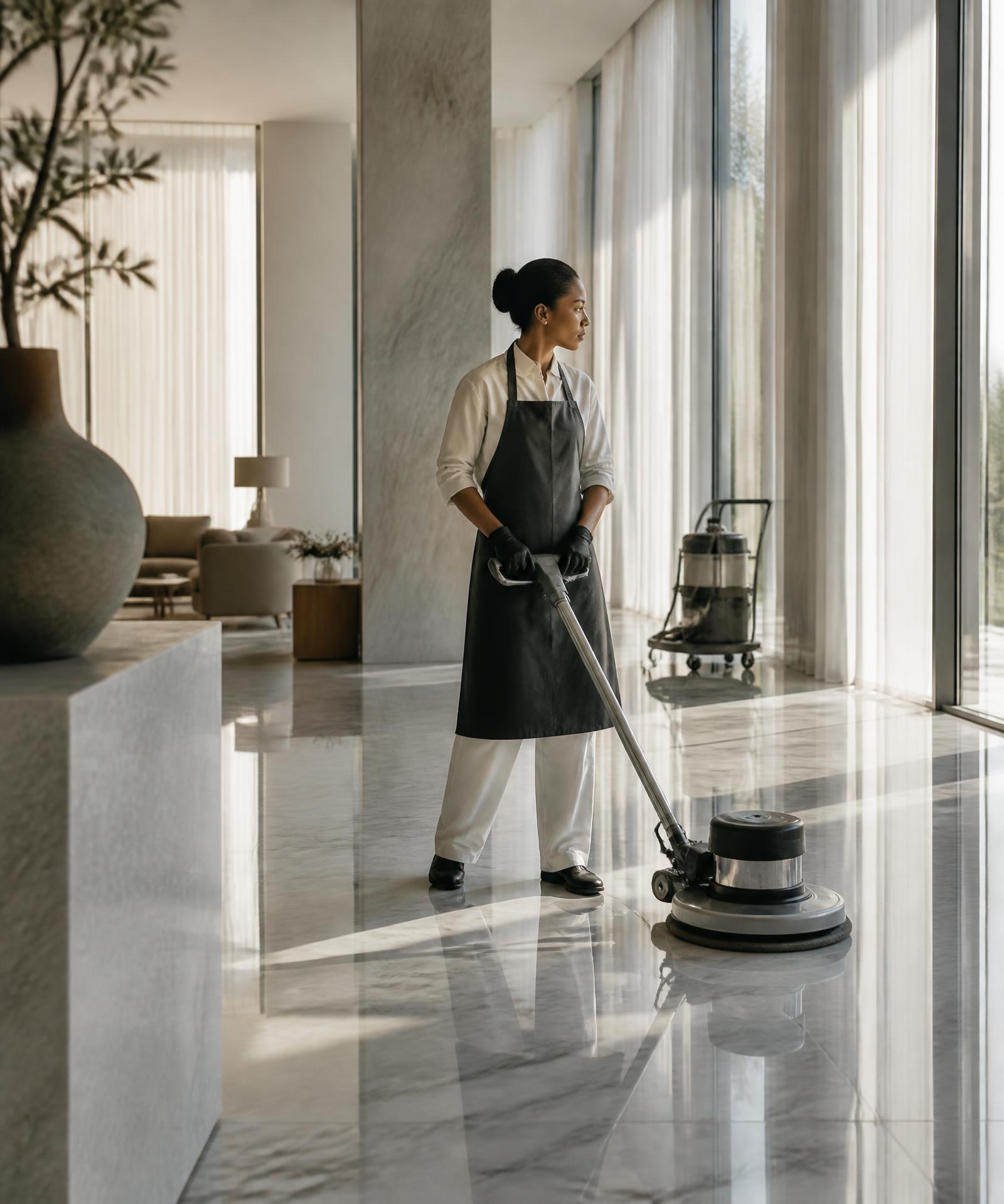 A Hello Limpia cleaner polishing a marble floor in a sunlit luxury home